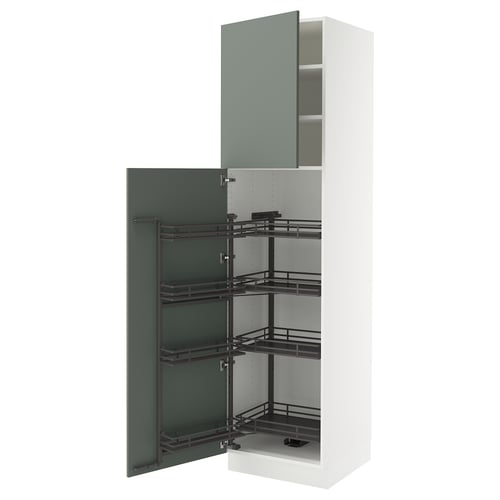 Open kitchen cabinet in white and grey-green with pull-out shelves.