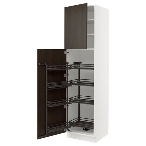 White SEKTION kitchen cabinet with dark brown wood pull-out shelves.