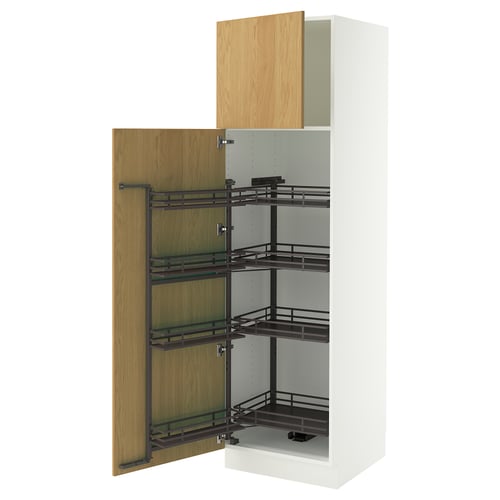 White SEKTION pull-out cabinet with oak doors, easy-access racks, modern design.