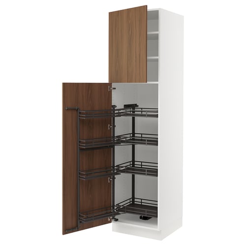 Modern kitchen cabinet: white SEKTION with walnut pull-out shelves.