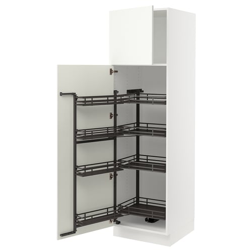White SEKTION kitchen cabinet with pull-out shelves. Modern design, four metal shelves, ensures organised storage.