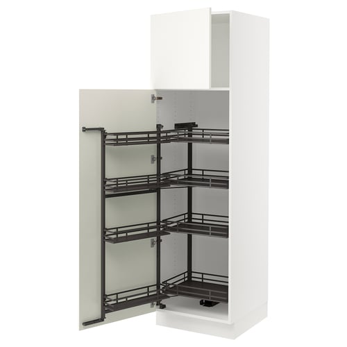 SEKTION white kitchen cabinet with black pull-out shelves.