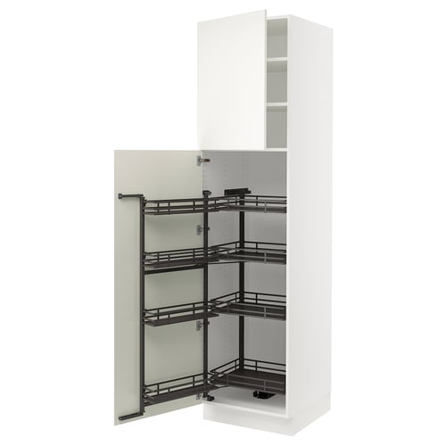 White kitchen cabinet with pull-out shelves.