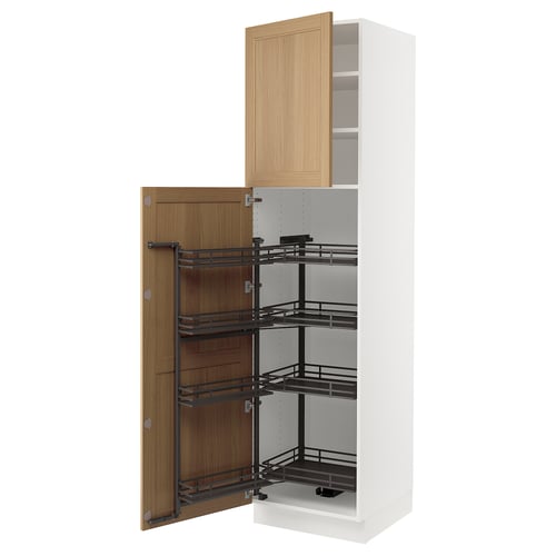 An ikea SEKTION kitchen cabinet in white with oak doors and pull-out shelves.