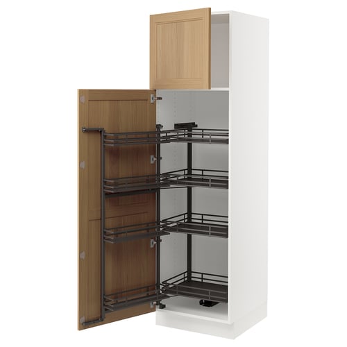 Open white kitchen cabinet with pull-out shelves. One door open, reveals black metal racks and wooden panel.