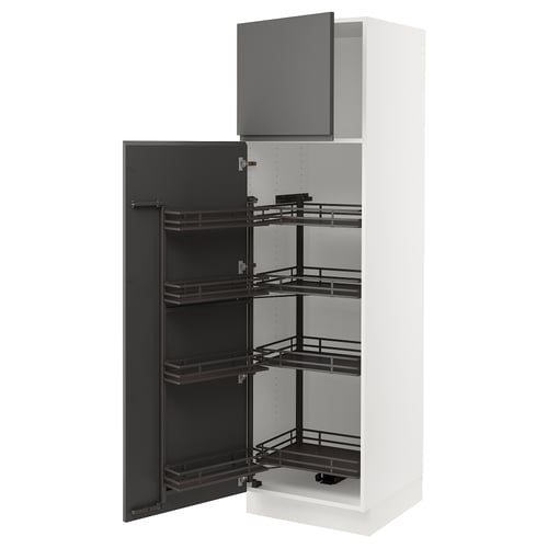 Displays a tall SEKTION kitchen cabinet in white with dark grey pull-out shelves and door. It a sleek, modern design with integrated handles.