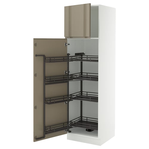 SEKTION kitchen cabinet, white, glossy dark brown handles, pull-out shelves.