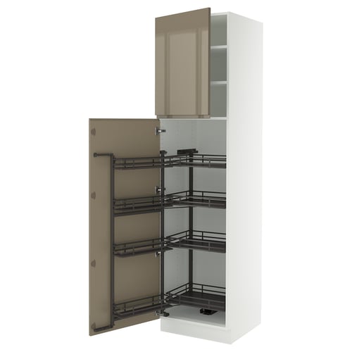 SEKTION kitchen cabinet in white with pull-out shelves, sleek design, gloss brown door.