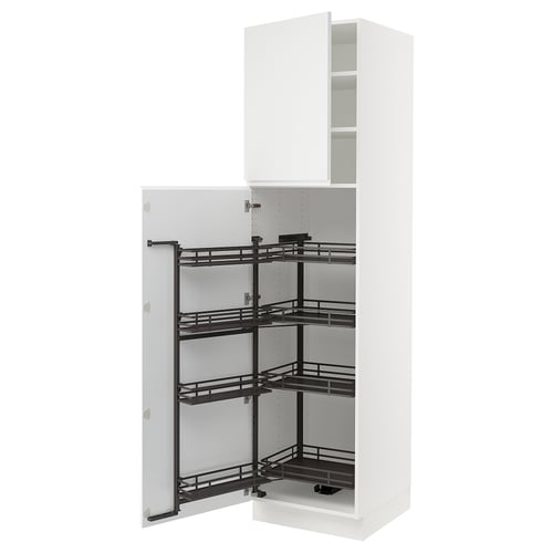 White kitchen cabinet with pull-out shelves. Modern, minimalist design. Metal shelves and handles.