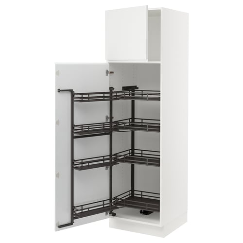 Modern white kitchen cabinet with pull-out shelves.