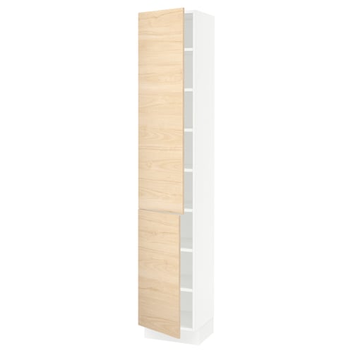 A white SEKTION kitchen cabinet with a light ash door. Its tall with adjustable shelves, and the door has a soft-close hinge.
