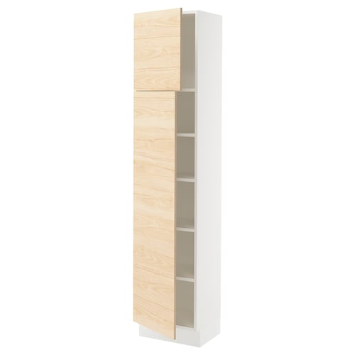 SEKTION kitchen cabinet, light ash wood, tall, white & light brown, three shelves, modern design.