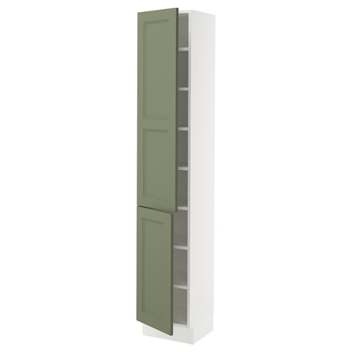 Vertical kitchen cabinet, white with green doors, rectangular, 3 shelves.