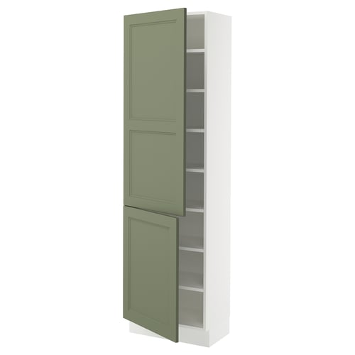 Greenish SEKTION kitchen cabinet, tall with shelves, white frame.