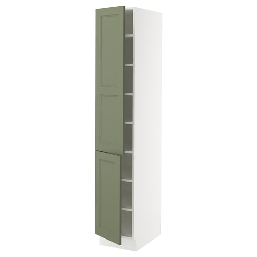 Modern kitchen cabinet, tall, narrow, grey-green doors, adjustable shelves, sleek, white, functional.