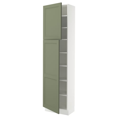 SEKTION cabinet in grey-green with adjustable shelves, closed left, open right.