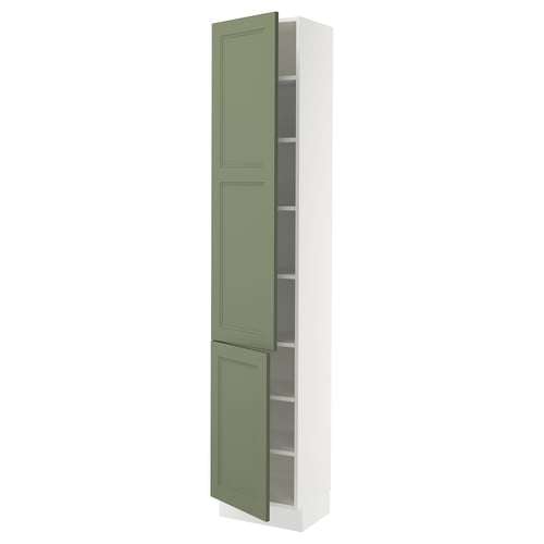 SEKTIONs tall kitchen cabinet green doors, white body, adjustable shelves, and gentle close hinges.