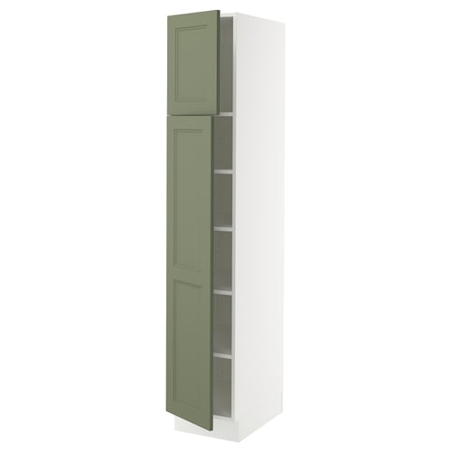 Green-door kitchen cabinet with shelves, sleek white frame.