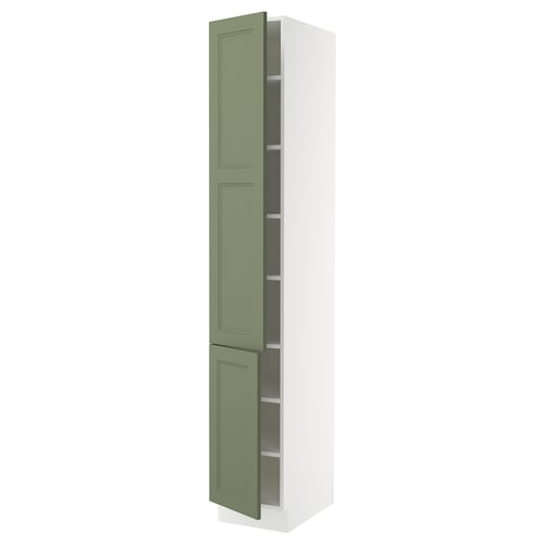A tall, narrow cabinet with light green doors, featuring a sleek, modern design. It has a white frame and adjustable shelves inside.