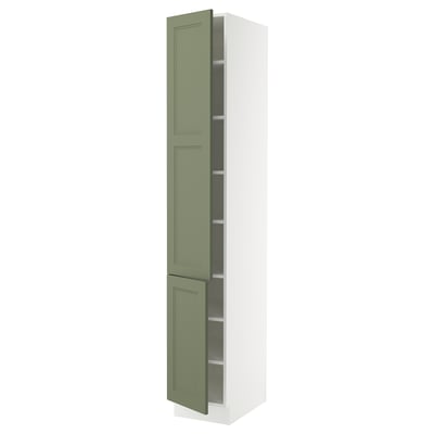 A tall, narrow cabinet with light green doors, featuring a sleek, modern design. It has a white frame and adjustable shelves inside.