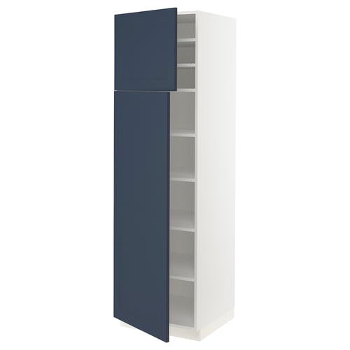 White tall kitchen cabinet with blue doors and adjustable shelves.