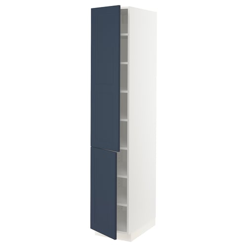 SEKTION kitchen cabinet in blue with adjustable shelves and slow-closing door.