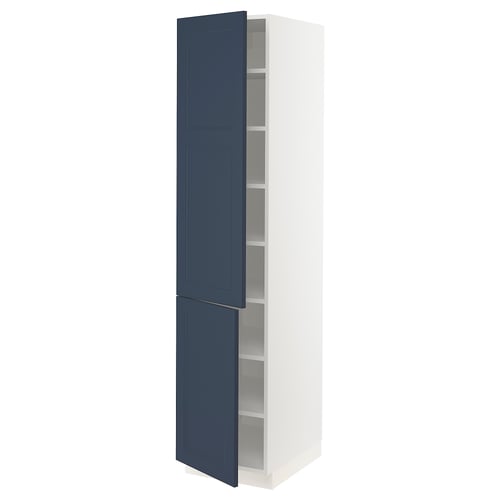 A tall white cabinet with blue doors and adjustable shelves. It has a modern yet traditional look with a sturdy design.