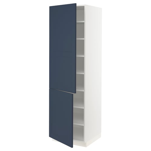 Blue kitchen cabinet, tall, white base, adjustable shelves.