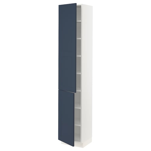 Blue cabinet with white interior, adjustable shelves, modern design.