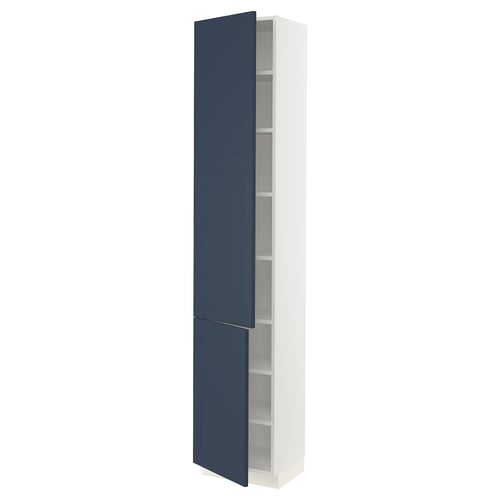 SEKTION kitchen cabinet, white & blue, tall with shelves.