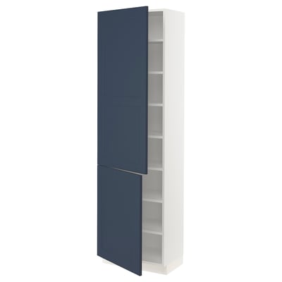 A tall white cabinet with blue doors, including adjustable shelves inside. The modern design includes a soft-closing hinge on the visible door.