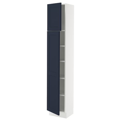 Ikea SEKTION white tall cabinet with blue doors and glass shelves.