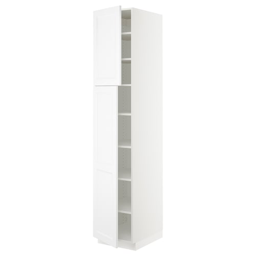 A white SEKTION kitchen cabinet in a sleek, modern design, featuring adjustable shelves and a door damper for smooth closure.