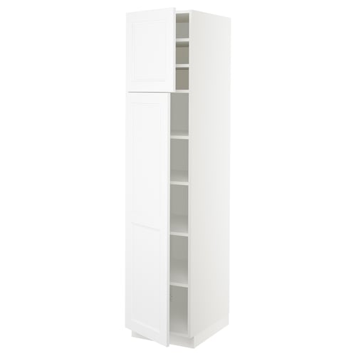 A white SEKTION kitchen cabinet with two doors and adjustable shelves. The cabinet has a sleek, modern design, standing tall and narrow.
