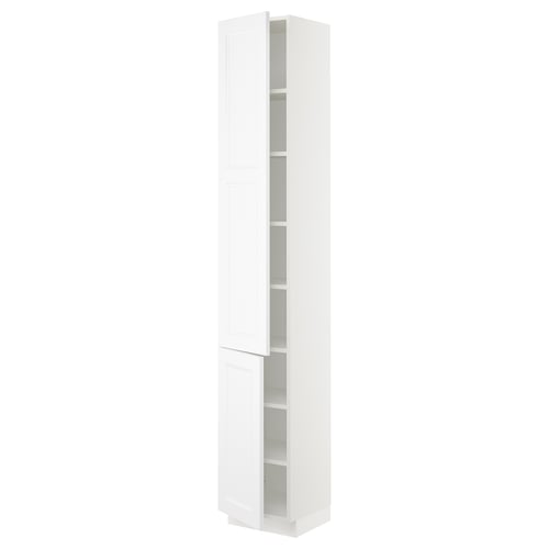A white SEKTION tall kitchen cabinet with adjustable shelves and a door that can open left or right.