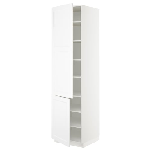 Modern white cabinet with two adjustable shelves and two doors. Sleek, simple design, ideal for kitchens.