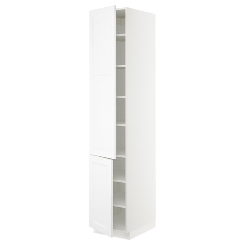 White SEKTION kitchen cabinet, tall with adjustable shelves, sleek modern design.
