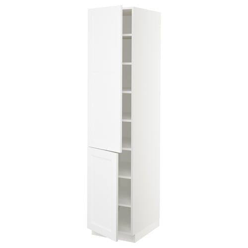 A white tall cabinet from the SEKTION kitchen system, featuring adjustable shelves and a soft-closing door.