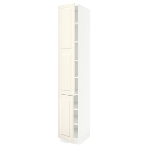 An off-white, tall kitchen cabinet with two doors and multiple shelves from the SEKTION line.
