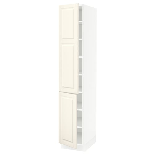 A white SEKTION tall kitchen cabinet with adjustable shelves, featuring off-white bodbyn doors with bevelled edges for a traditional look.