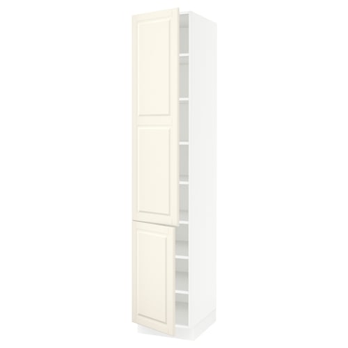 A tall white SEKTION kitchen cabinet with two doors in off-white, featuring a traditional design with bevelled edges.