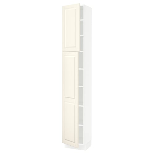 White SEKTION kitchen cabinet with off-white doors, featuring adjustable shelves and a sleek, tall design.