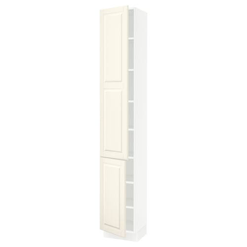 An off-white, tall SEKTION kitchen cabinet with bevelled edges. It has two adjustable shelves, a sturdy frame, and door dampers for smooth closing.