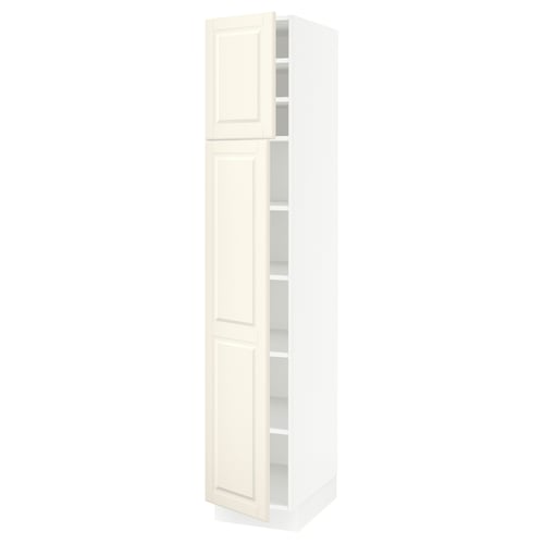 SEKTION white cabinet, off-white doors, adjustable shelves, bevelled edges.