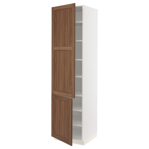 A white SEKTION kitchen cabinet with a wooden door. One door is open, revealing adjustable shelves inside.