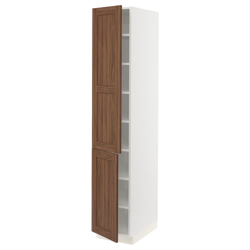 SEKTION tall kitchen cabinet, white with wooden doors, open design.