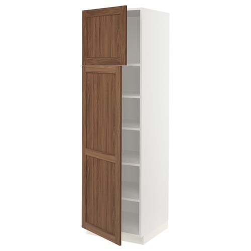 An open SEKTION kitchen cabinet with walnut-colored doors and white shelves.