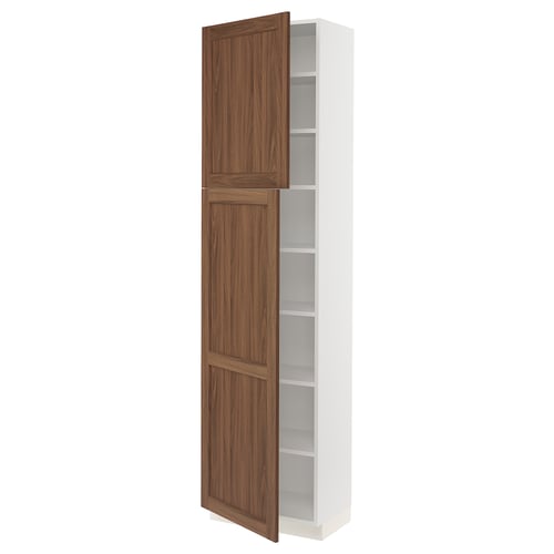 White tall kitchen cabinet with wooden doors and multiple shelves.
