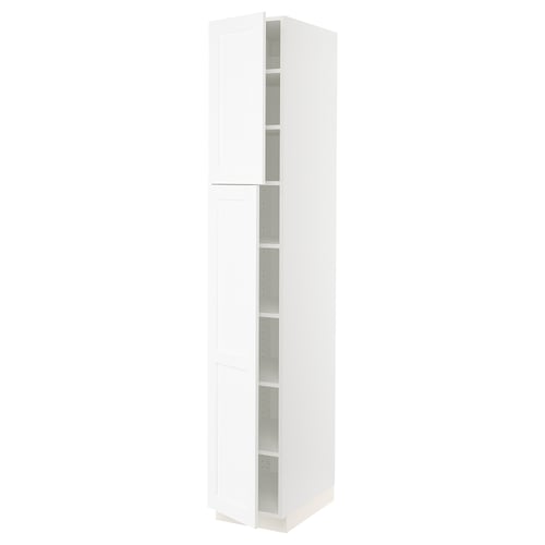 A white SEKTION kitchen cabinet with adjustable shelves. It a tall, rectangular design with a sleek, minimalist aesthetic.