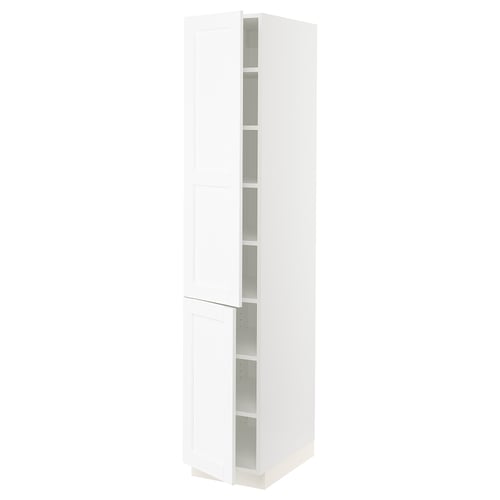 A white SEKTION kitchen cabinet with adjustable shelves and a door that can swing left or right.